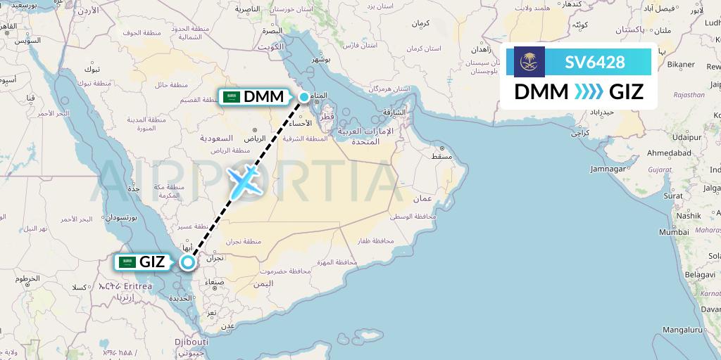 SV6428 Saudi Arabian Airlines Flight Map: Dammam to Jizan