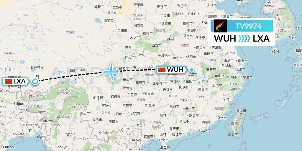 TV9974 Tibet Airlines Flight Map: Wuhan to Lhasa