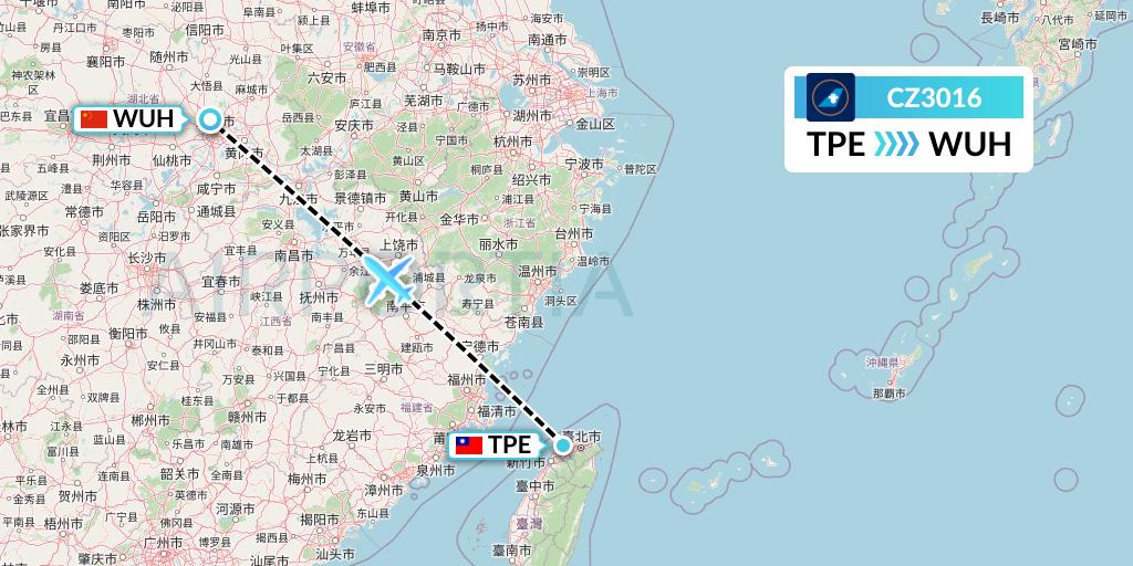CZ3016 China Southern Airlines Flight Map: Taipei to Wuhan