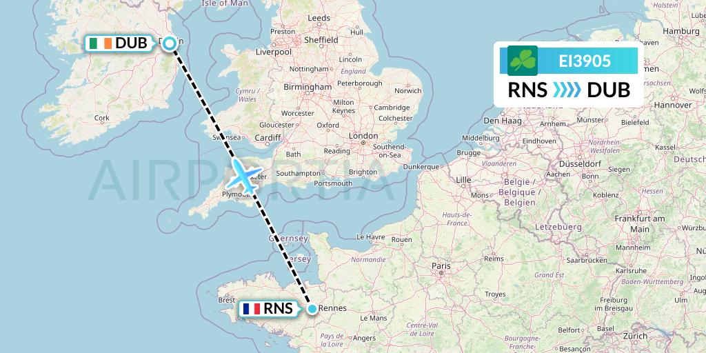 EI3905 Aer Lingus Flight Map: Rennes to Dublin