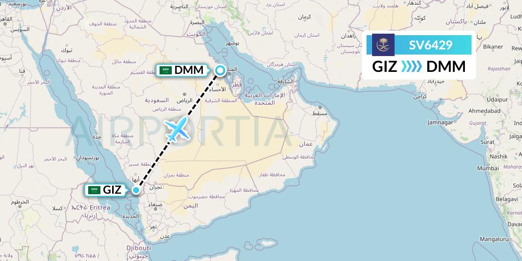 SV6429 Saudi Arabian Airlines Flight Map: Jizan to Dammam