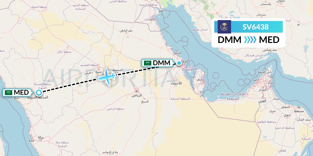 SV6438 Saudi Arabian Airlines Flight Map: Dammam to Medina