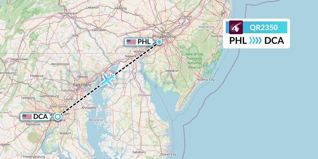 QR2350 Qatar Airways Flight Map: Philadelphia to Washington