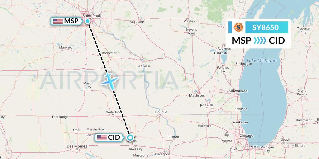 SY8650 Sun Country Airlines Flight Map: Minneapolis to Cedar Rapids