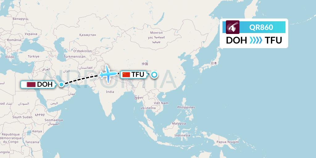 QR860 Qatar Airways Flight Map: Doha to Chengdu