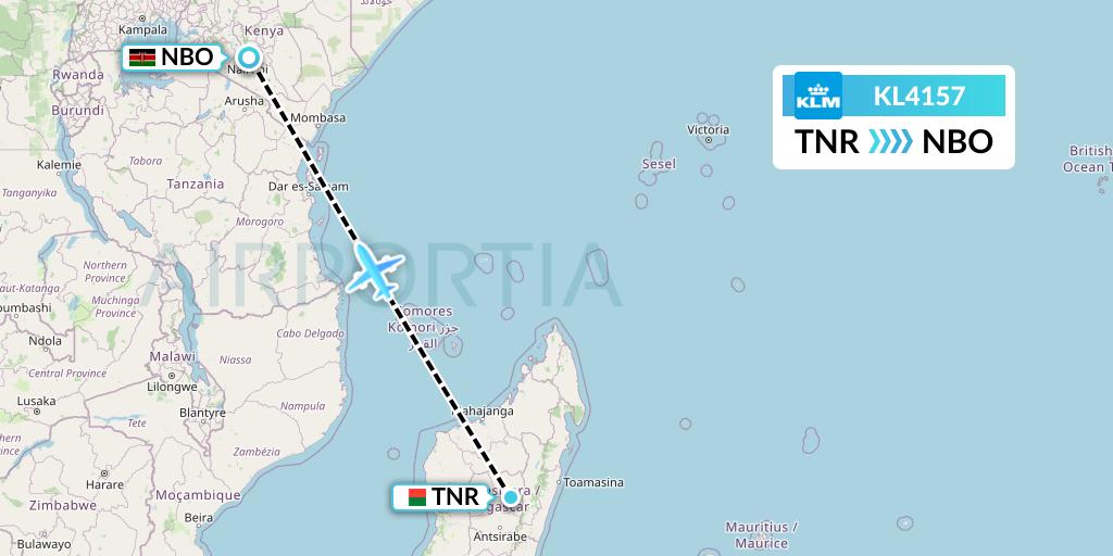 KL4157 KLM Flight Map: Antananarivo to Nairobi