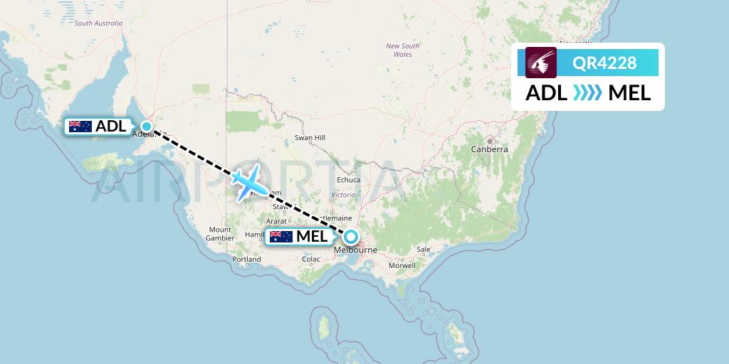 QR4228 Qatar Airways Flight Map: Adelaide to Melbourne