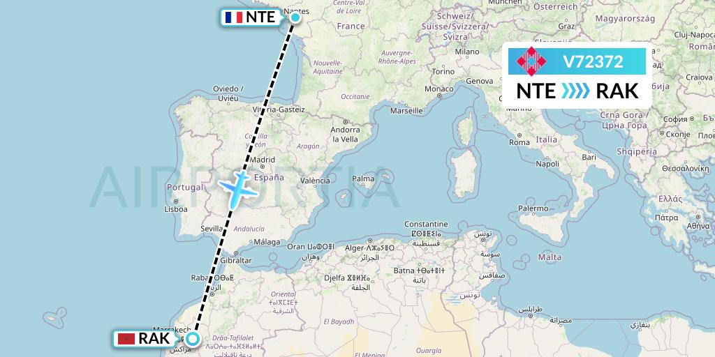 V72372 Volotea Flight Map: Nantes to Marrakesh