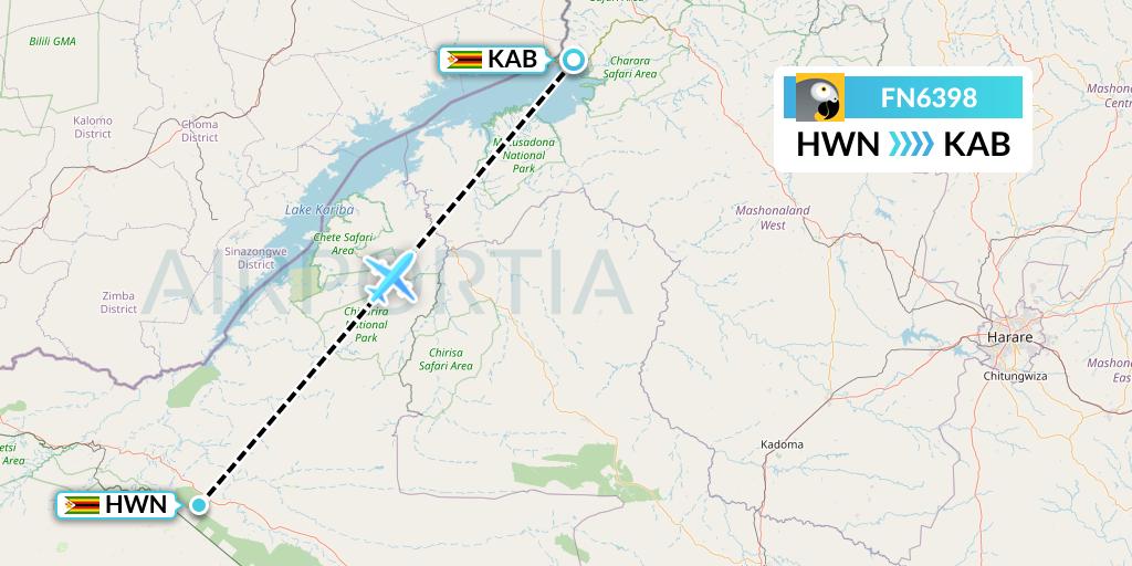 FN6398 Fastjet Flight Map: Hwange to Kariba