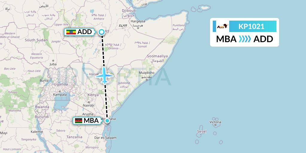 KP1021 ASKY Flight Map: Mombasa to Addis Ababa