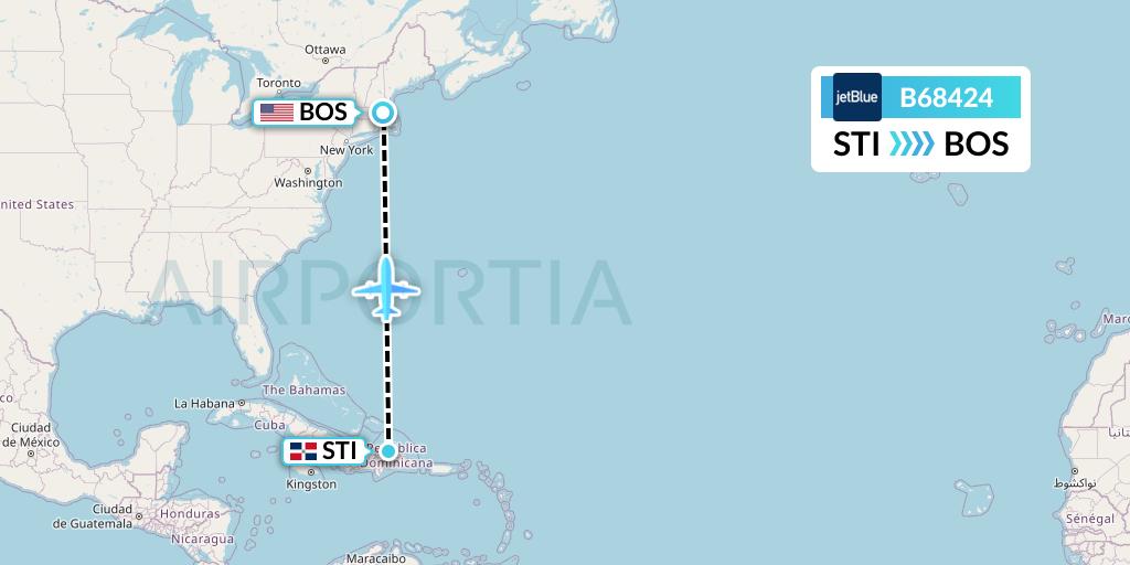 B68424 JetBlue Airways Flight Map: Santiago de los Caballeros to Boston
