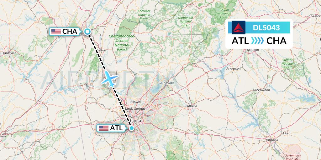 DL5043 Delta Air Lines Flight Map: Atlanta to Chattanooga