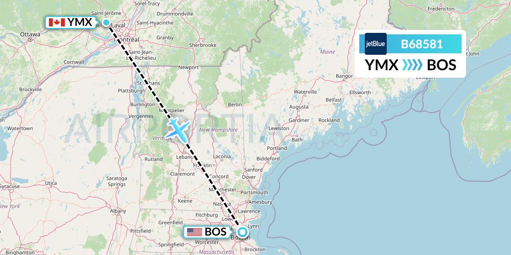 B68581 JetBlue Airways Flight Map: Montreal to Boston