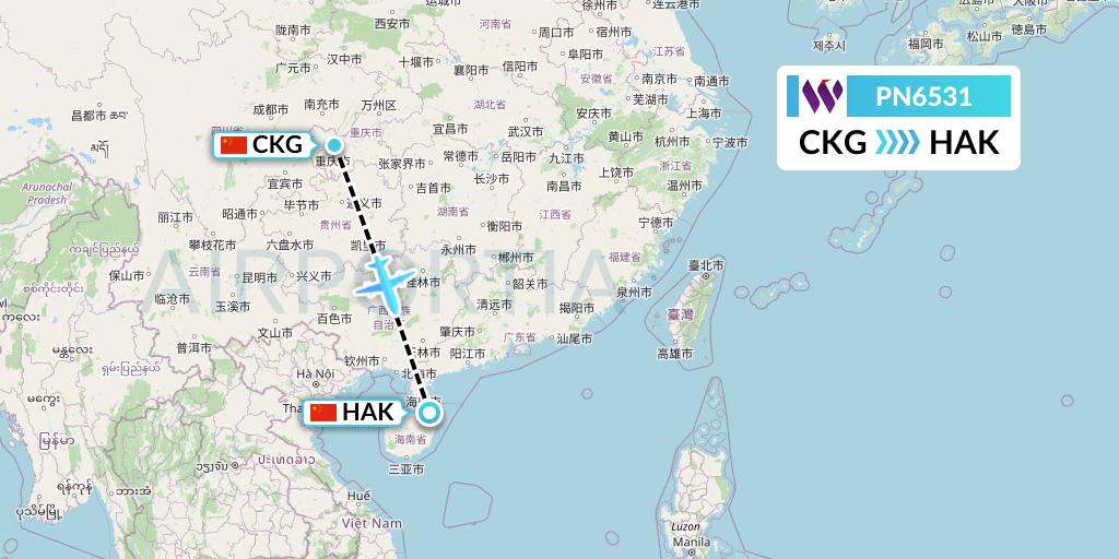 PN6531 China West Air Flight Map: Chongqing to Haikou