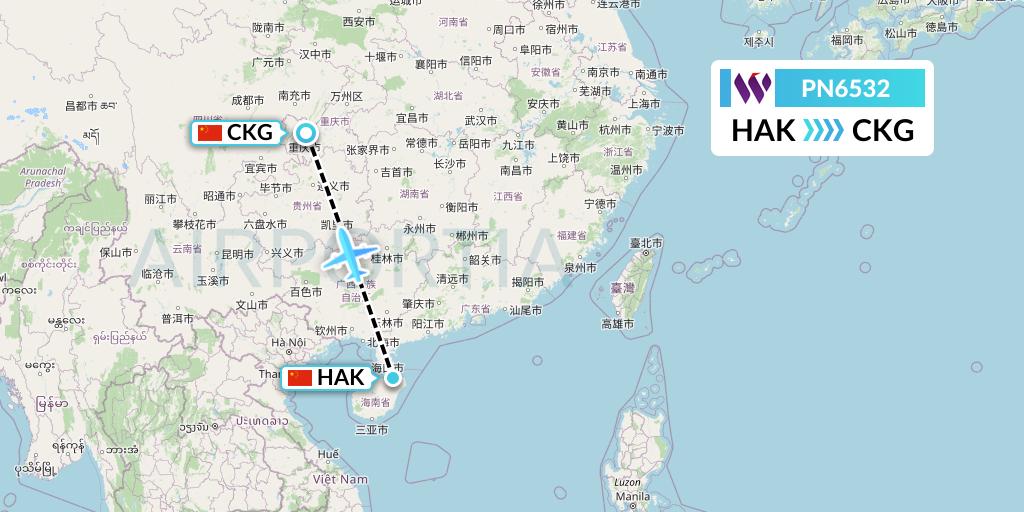PN6532 China West Air Flight Map: Haikou to Chongqing
