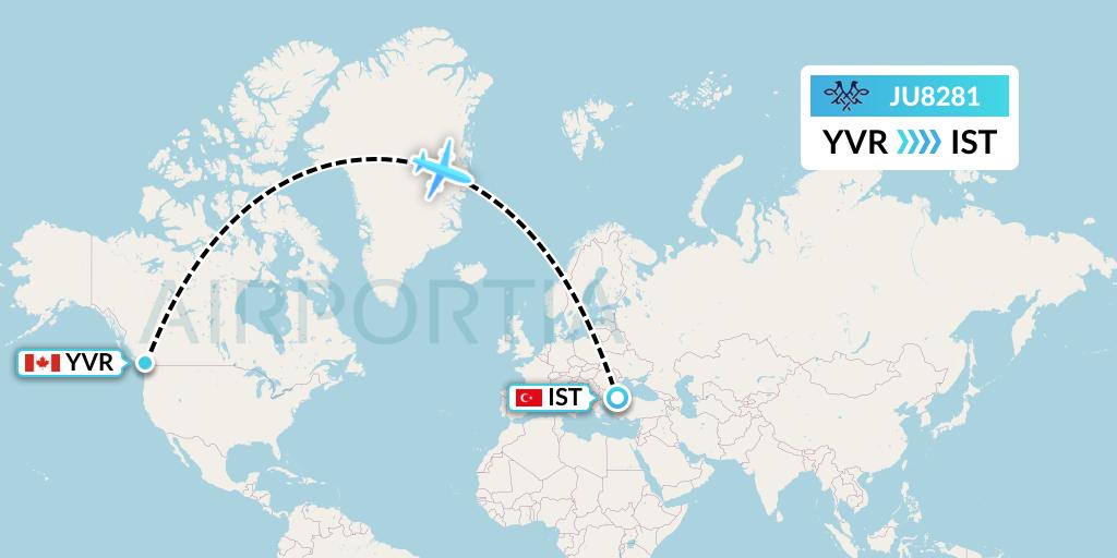 JU8281 AirSERBIA Flight Map: Vancouver to Istanbul