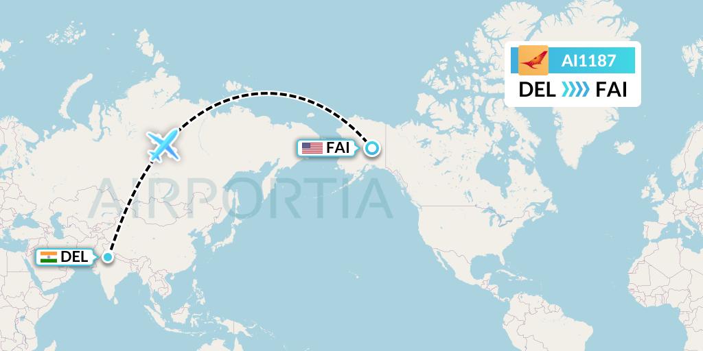 AI1187 Air India Flight Map: Delhi to Fairbanks