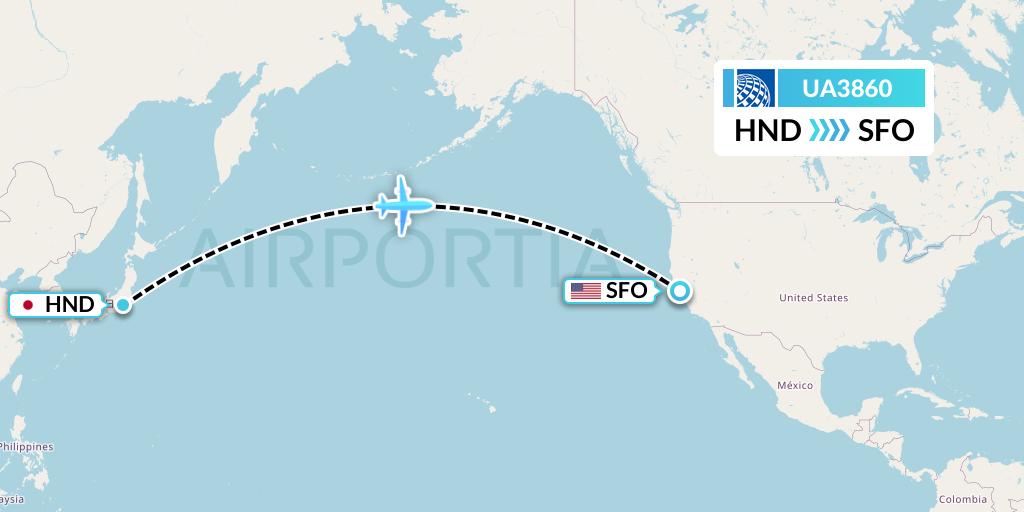 UA3860 United Airlines Flight Map: Tokyo to San Francisco