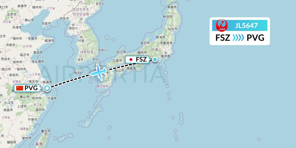 JL5647 Japan Airlines Flight Map: Shizuoka to Shanghai