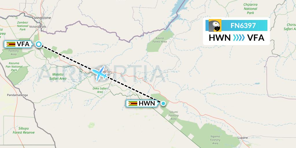 FN6397 Fastjet Flight Map: Hwange to Victoria Falls