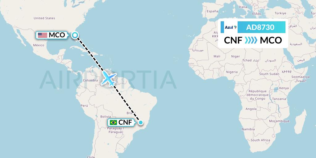 AD8730 Azul Brazilian Airlines Flight Map: Belo Horizonte to Orlando