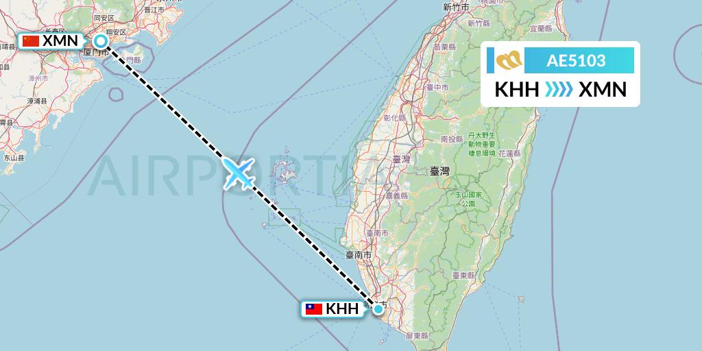AE5103 Mandarin Airlines Flight Map: Kaohsiung to Xiamen