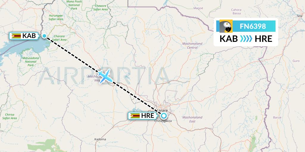 FN6398 Fastjet Flight Map: Kariba to Harare