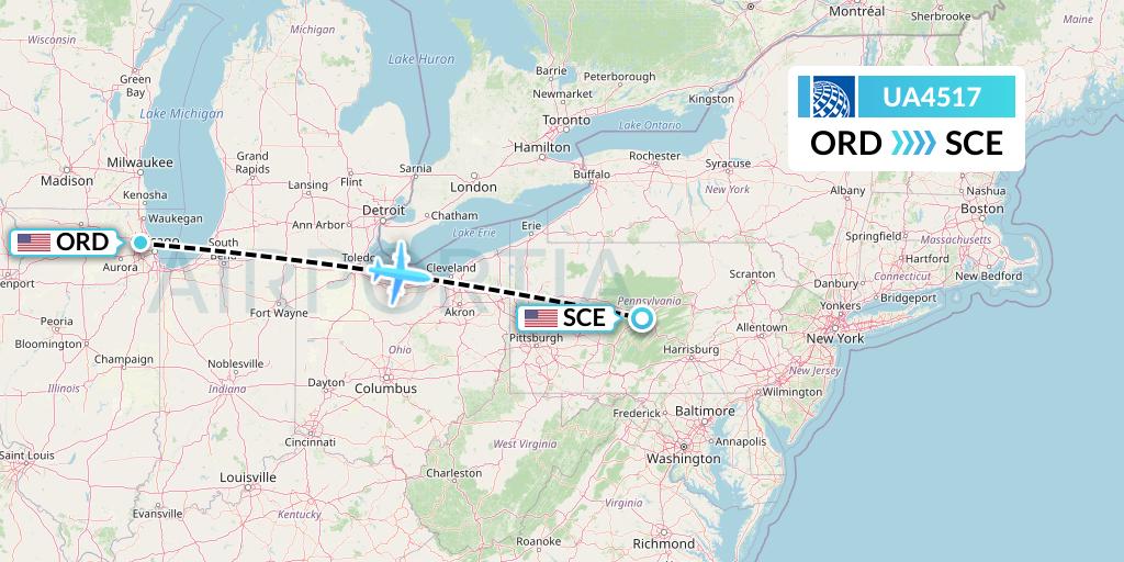 UA4517 United Airlines Flight Map: Chicago to State College