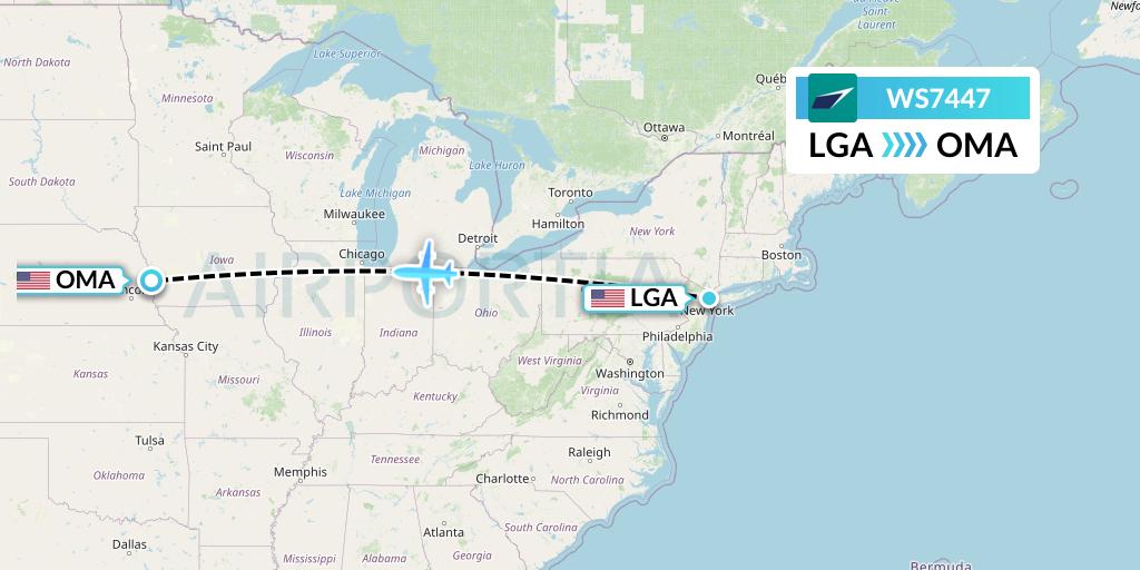 WS7447 WestJet Flight Map: New York to Omaha