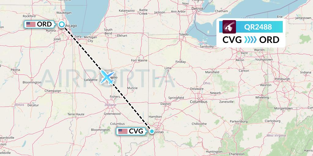 QR2488 Qatar Airways Flight Map: Cincinnati to Chicago