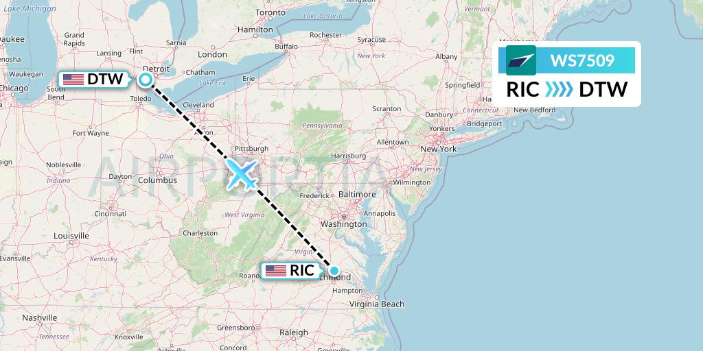 WS7509 WestJet Flight Map: Richmond to Detroit