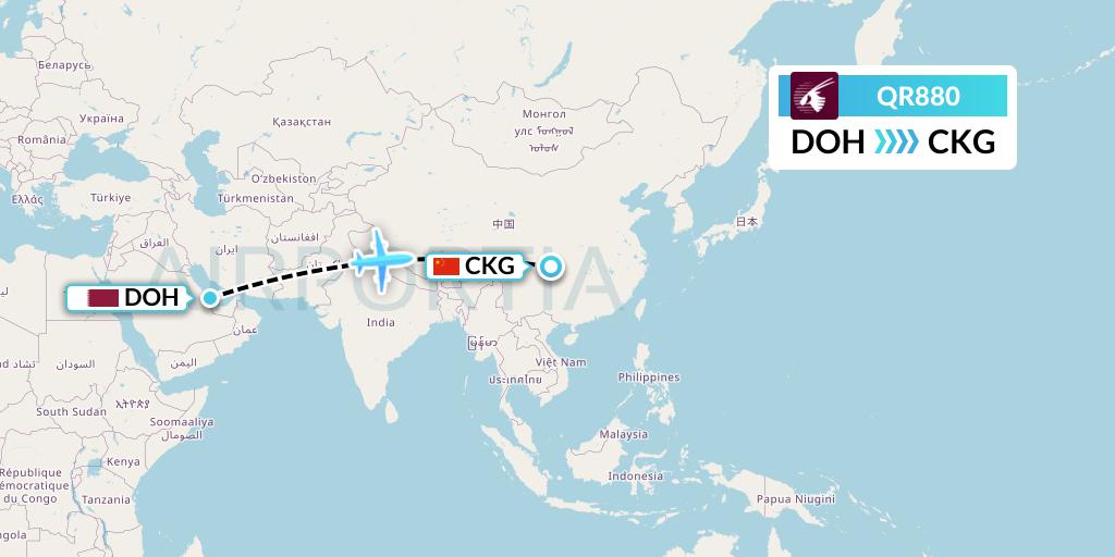 QR880 Qatar Airways Flight Map: Doha to Chongqing