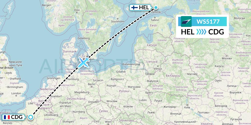 WS5177 WestJet Flight Map: Helsinki to Paris