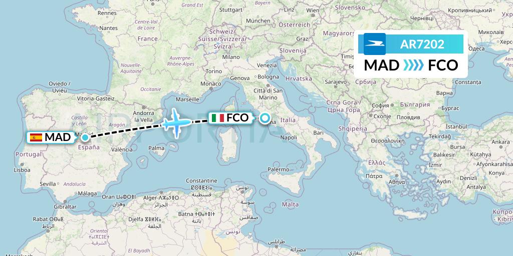 AR7202 Aerolineas Argentinas Flight Map: Madrid to Rome