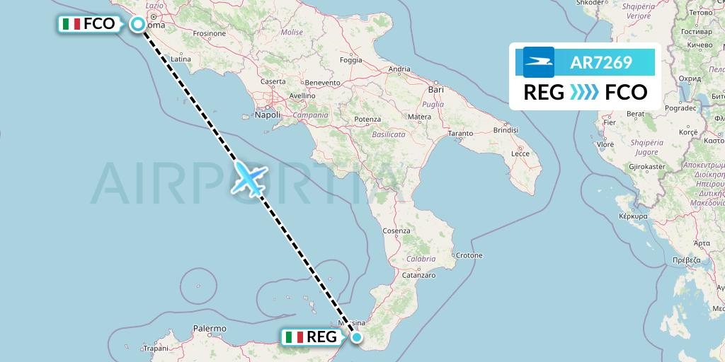 AR7269 Aerolineas Argentinas Flight Map: Reggio Calabria to Rome