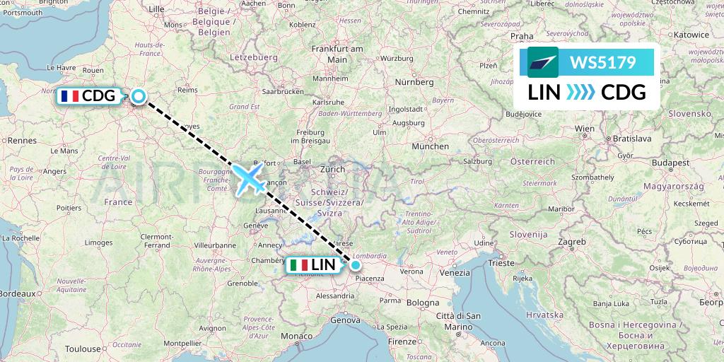 WS5179 WestJet Flight Map: Milan to Paris