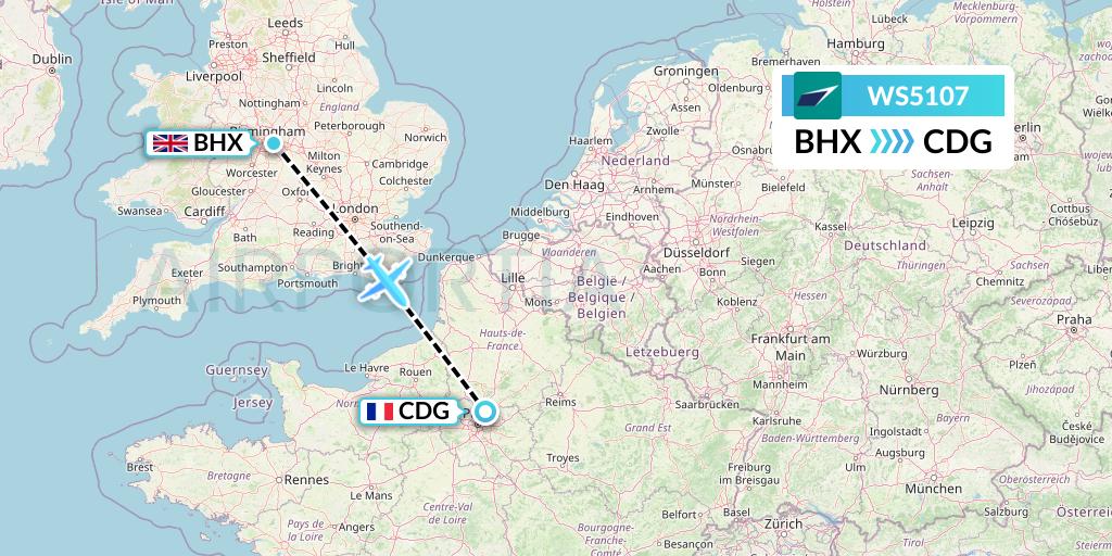 WS5107 WestJet Flight Map: Birmingham to Paris