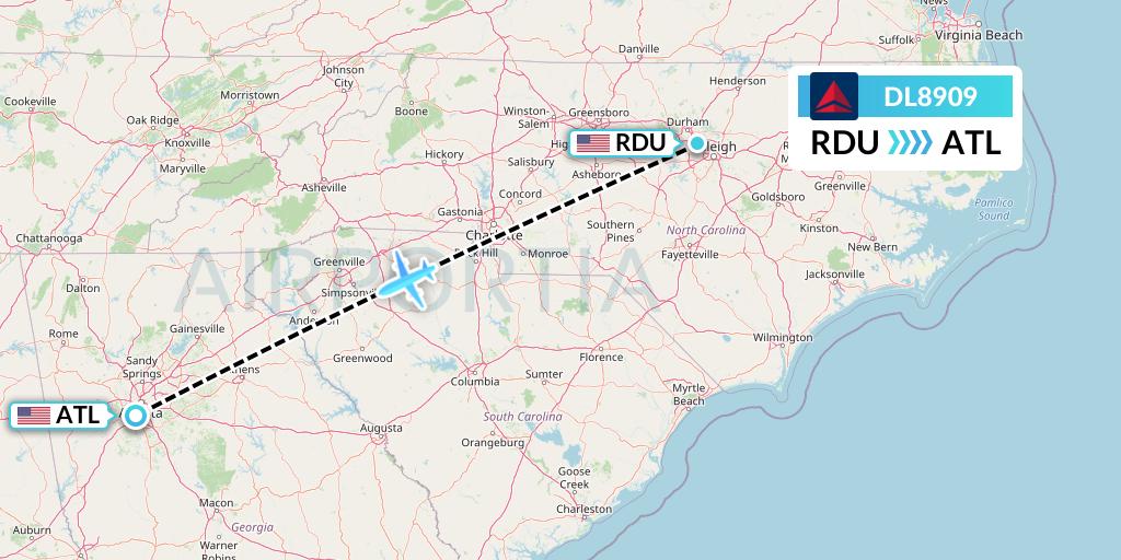 DL8909 Delta Air Lines Flight Map: Raleigh-Durham to Atlanta