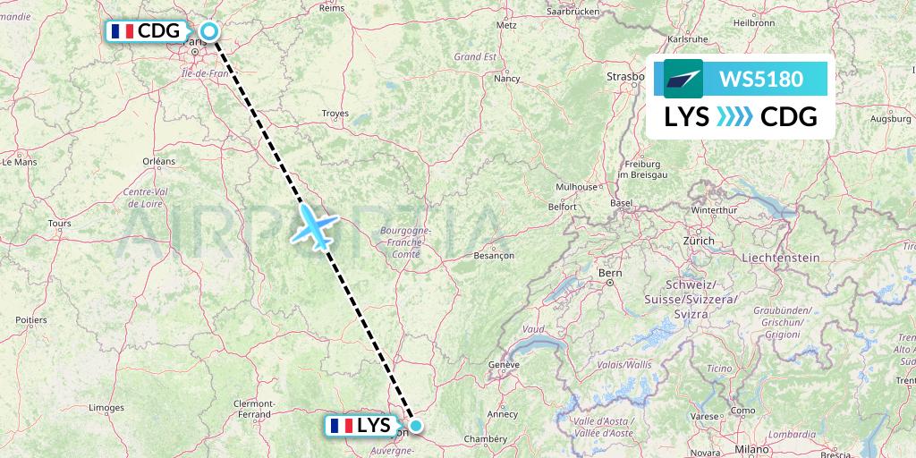 WS5180 WestJet Flight Map: Lyon to Paris