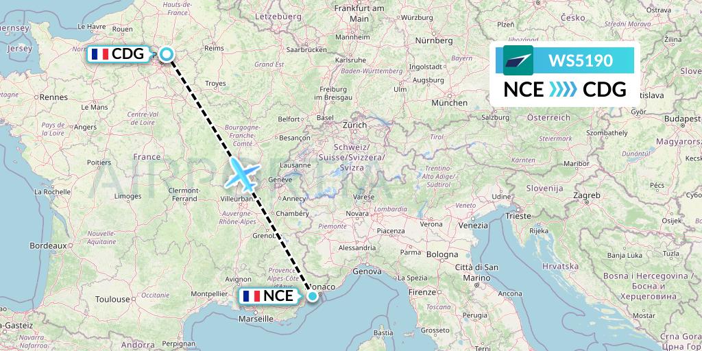WS5190 WestJet Flight Map: Nice to Paris