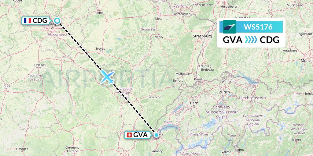 WS5176 WestJet Flight Map: Geneva to Paris
