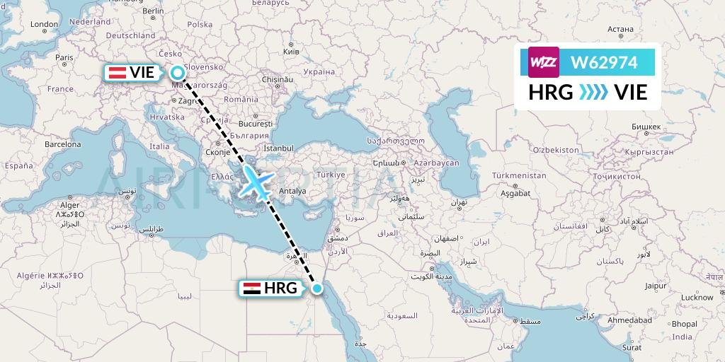 W62974 Wizz Air Flight Map: Hurghada to Vienna