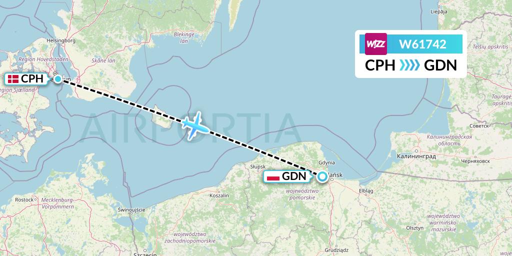 W61742 Wizz Air Flight Map: Copenhagen to Gdansk