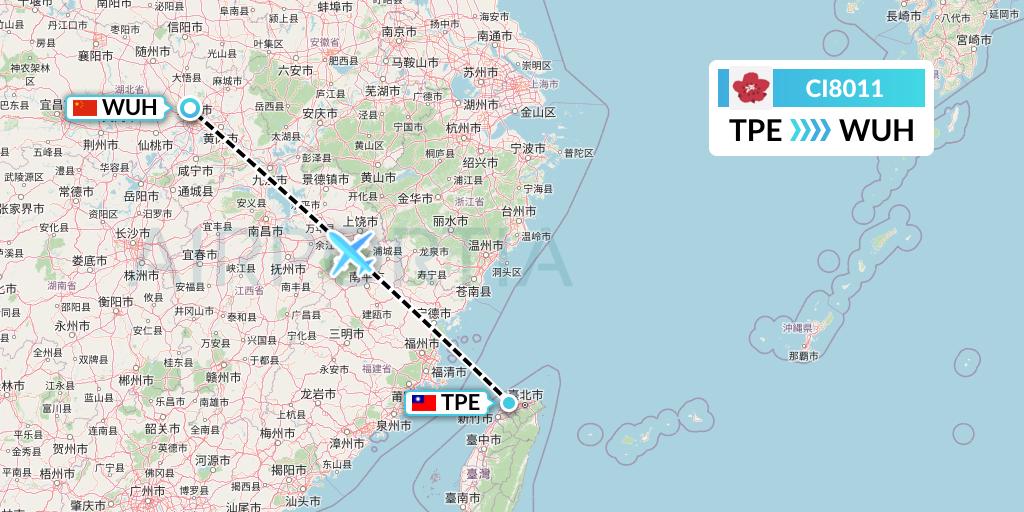 CI8011 China Airlines Flight Map: Taipei to Wuhan
