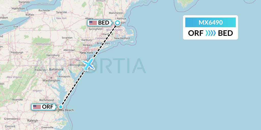 MX6490 Breeze Airways Flight Map: Norfolk to Bedford