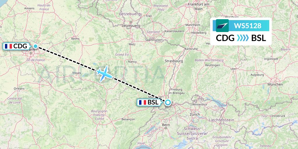 WS5128 WestJet Flight Map: Paris to Basel