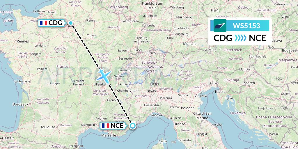 WS5153 WestJet Flight Map: Paris to Nice