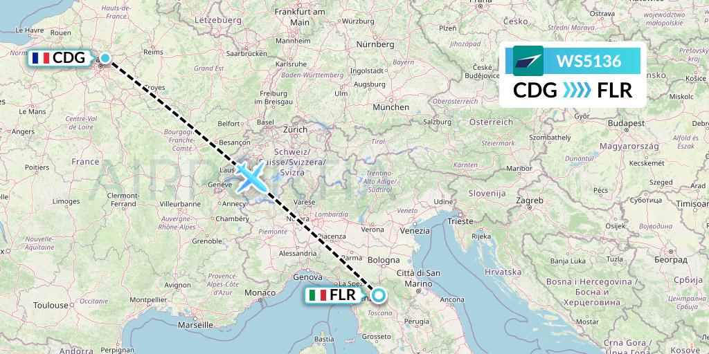 WS5136 WestJet Flight Map: Paris to Florence
