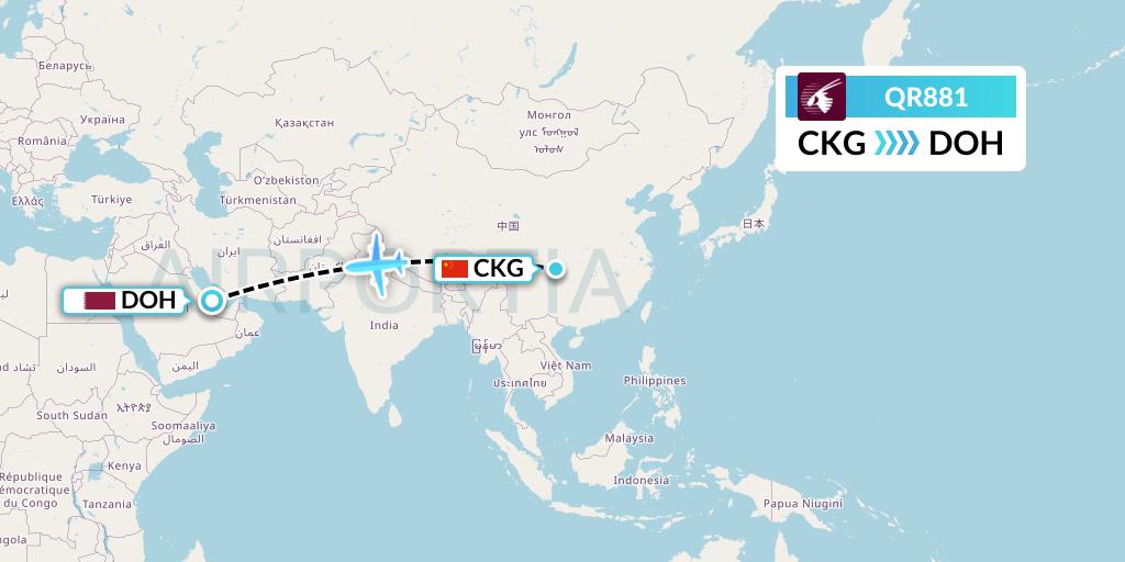 QR881 Qatar Airways Flight Map: Chongqing to Doha