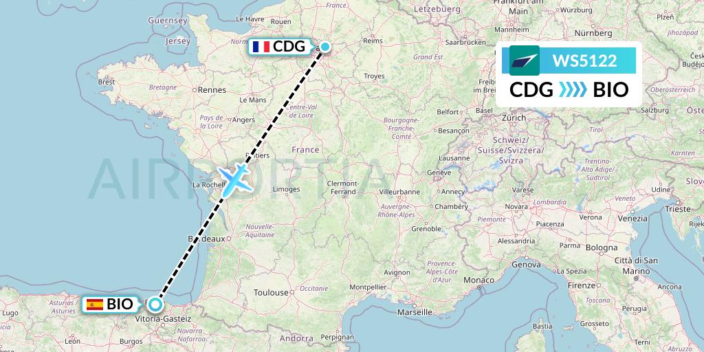 WS5122 WestJet Flight Map: Paris to Bilbao